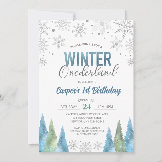Invitation Boy Winter Onederland Snowflakes Premier anniversa (Devant)
