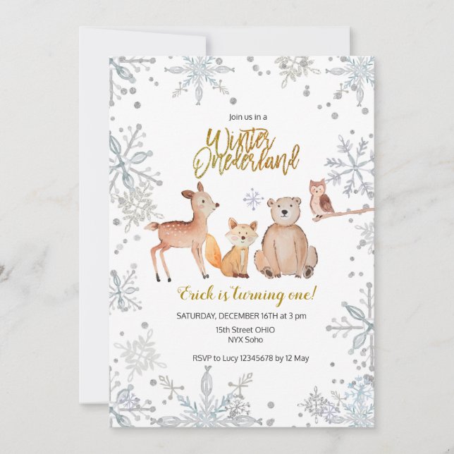 Invitation Boy Winter woodland fille 1er anniversaire aquarel (Devant)