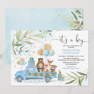 Invitation Boy Woodland Animal Blue Gold Baby shower de verdu