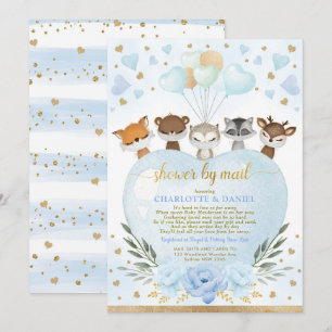 Invitation Boy Woodland Baby shower Par Mail Blue Gold Hearts