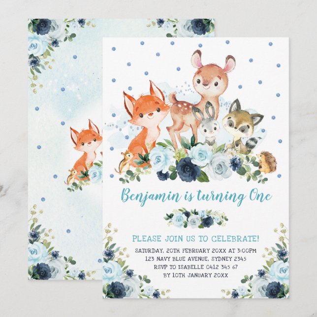 Invitation Boy Woodland Forest Navy Blue Floral 1er anniversa (Devant / Derrière)