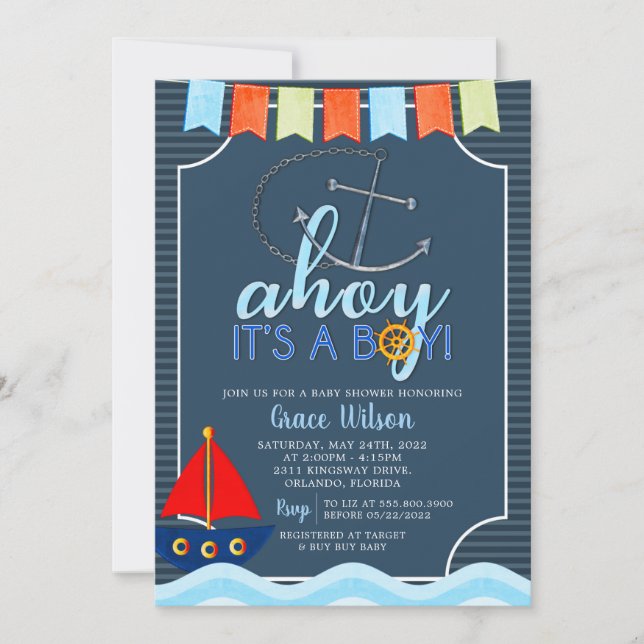 Invitation Boys Ancres nautiques Baby shower de bateau Invita (Devant)