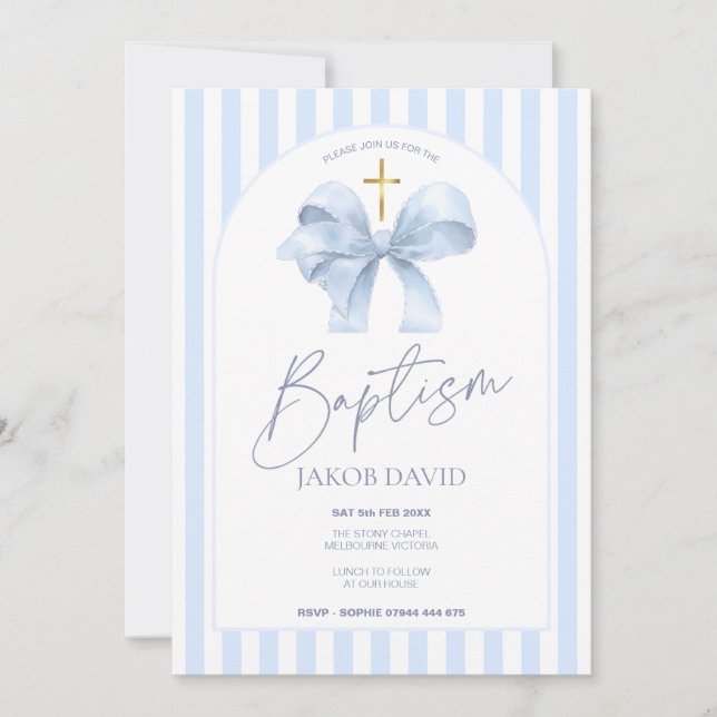 Invitation Boys Baptism Invitation, Blue Bow moderne & Stripe (Devant)