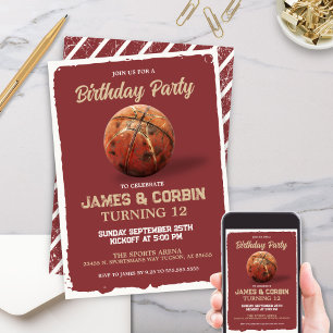 Invitation Boys Basketball Rouge Thème Double Anniversaire