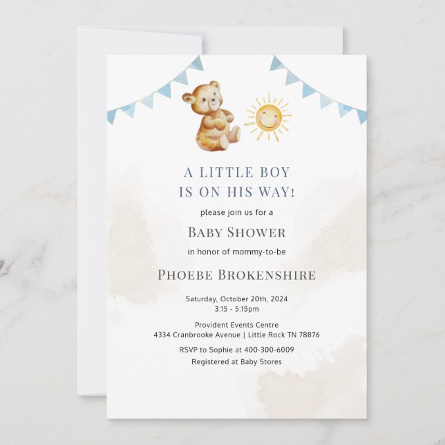 Invitation Boys Bear et Sunshine Baby shower d'aquarelle (Devant)