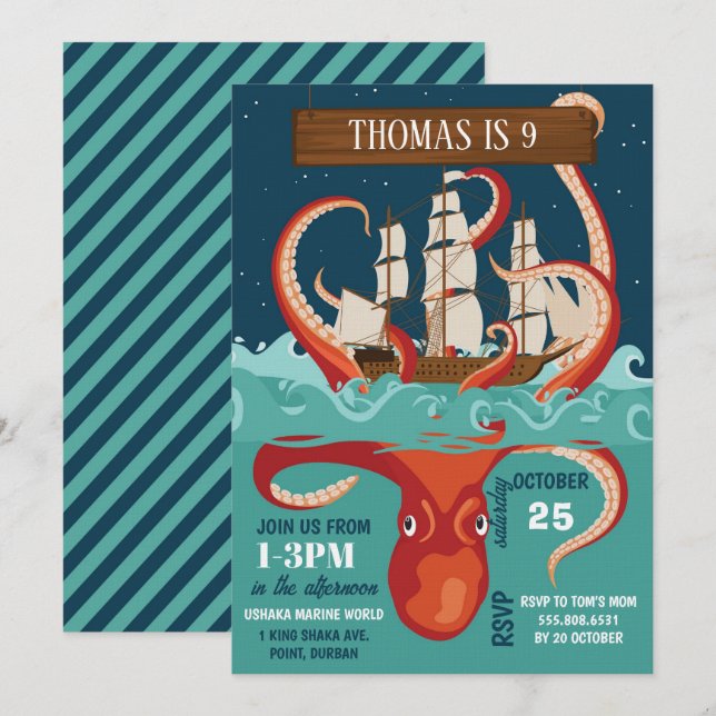 Invitation Boys Birthday Party Kraken (Devant / Derrière)