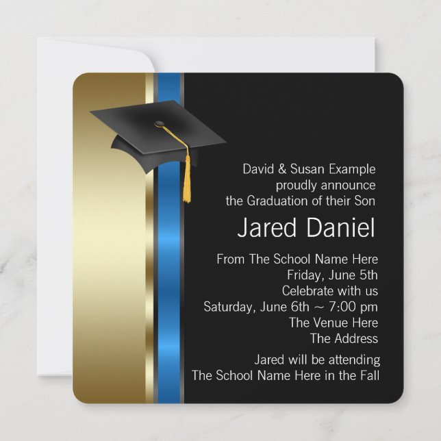 Invitation Boys Blue and Gold Photo Graduation Annonces (Dos)