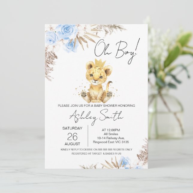 Invitation Boys Blue Boho Floral Lion Baby shower (Debout devant)