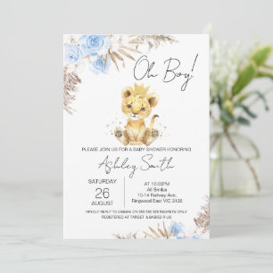 Invitation Boys Blue Boho Floral Lion Baby shower