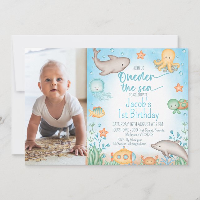 Invitation Boys Blue Photo près de la mer 1er anniversaire (Devant)