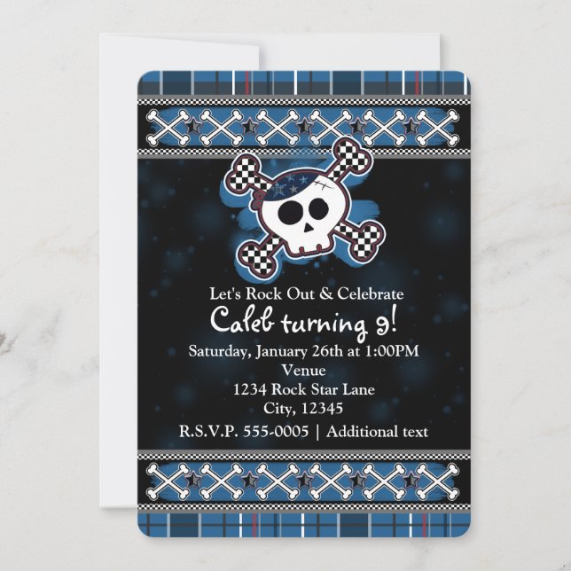 Invitation Boys Blue Plaid Skull Crossbones Parties Invitatio (Devant)