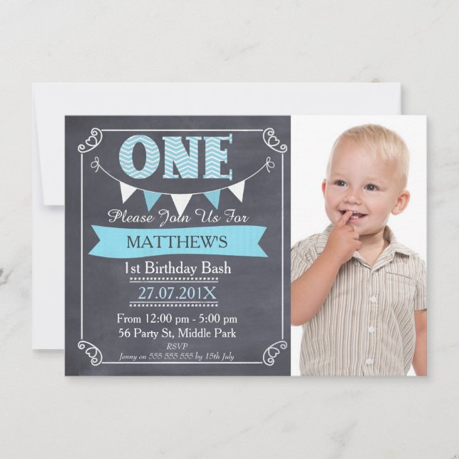 Invitation Boys Chalkboard Bunting 1er anniversaire Invitatio (Devant)
