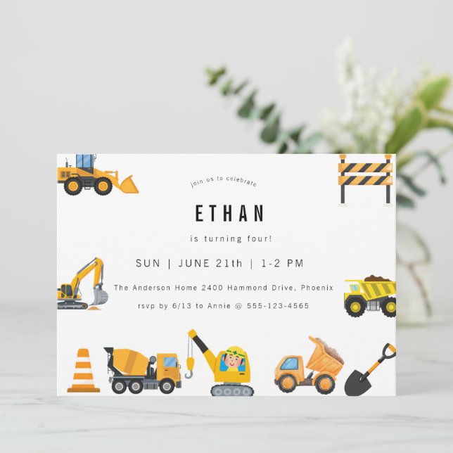 Invitation Boys Construction Birthday Party Theme  (Debout devant)