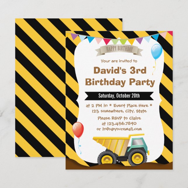 Invitation Boys Construction fête d'anniversaire (Devant / Derrière)