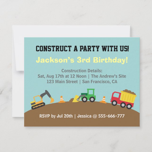 Invitation Boys Construction Véhicules Thème Anniversaire Fêt (Devant)