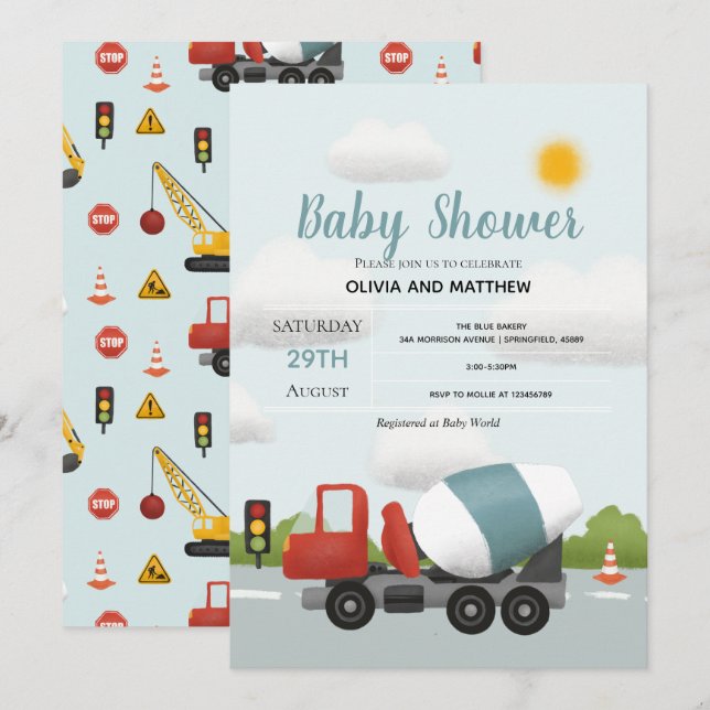 Invitation Boys Cute Blue Construction Baby shower de transpo (Devant / Derrière)