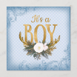 Invitation Boys Deer Antler Baby shower Bleu et Or