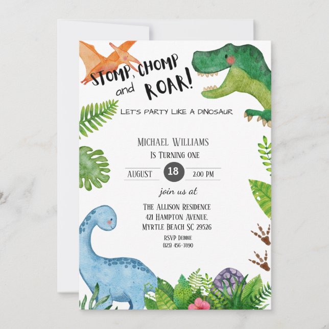 Invitation Boys Dinosaur 1er fête d'anniversaire (Devant)