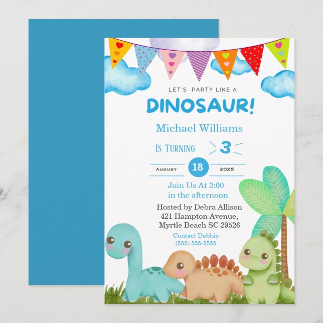 Invitation Boys Dinosaur 3e fête d'anniversaire (Devant / Derrière)