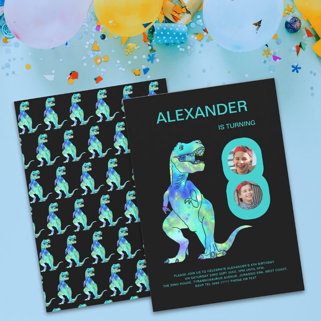 Invitation Boys Dinosaur T-Rex 8e fête d'anniversaire (T-Rex dino boys 8th birthday party photo invitation with color dinosaur teal green typography )