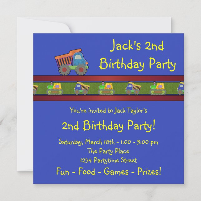 Invitation Boys Dump Truck fête d'anniversaire (Devant)