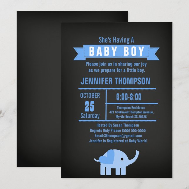 Invitation Boys Elephant Baby shower Chalkboard (Devant / Derrière)