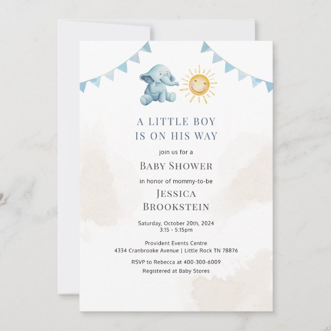 Invitation Boys Elephant Sunshine Baby shower d'aquarelle (Devant)