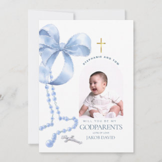 Invitation Boys Godparent Proposition, Blue Bow & Rosary Card