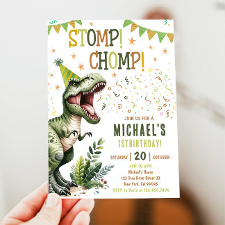 Invitation Boys Green Stomp Chomp Roar Dinosaur 1st Birthday