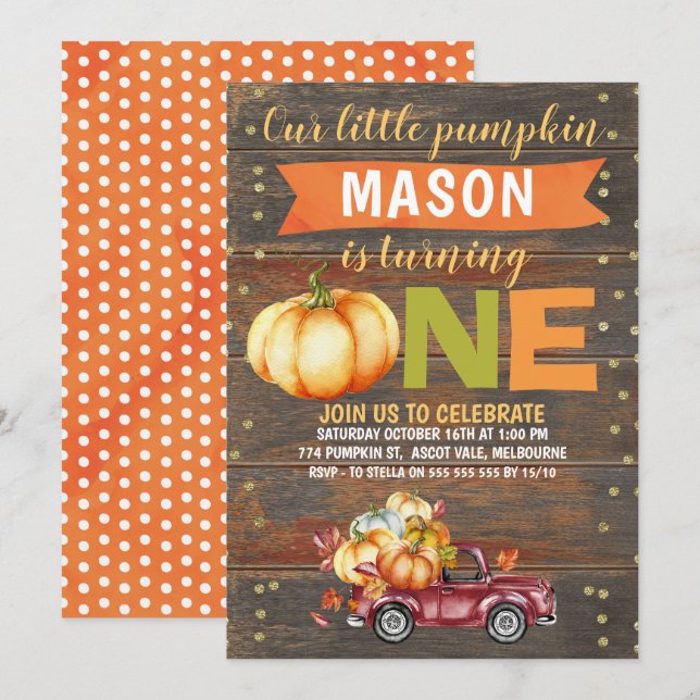 Invitation Boy's Little Citrouille Camion 1er anniversaire In (Devant / Derrière)