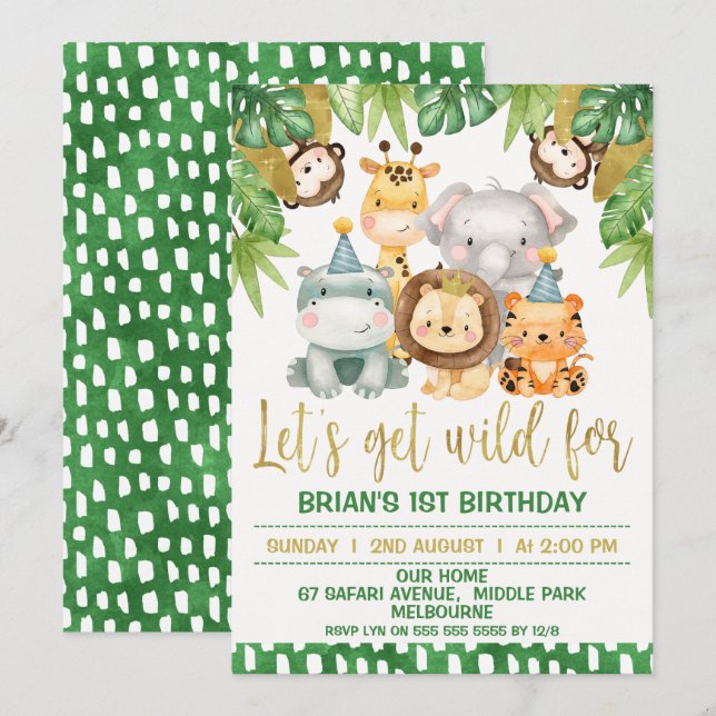 Invitation Boys mignonne Wild One Safari 1er anniversaire Inv (Devant / Derrière)