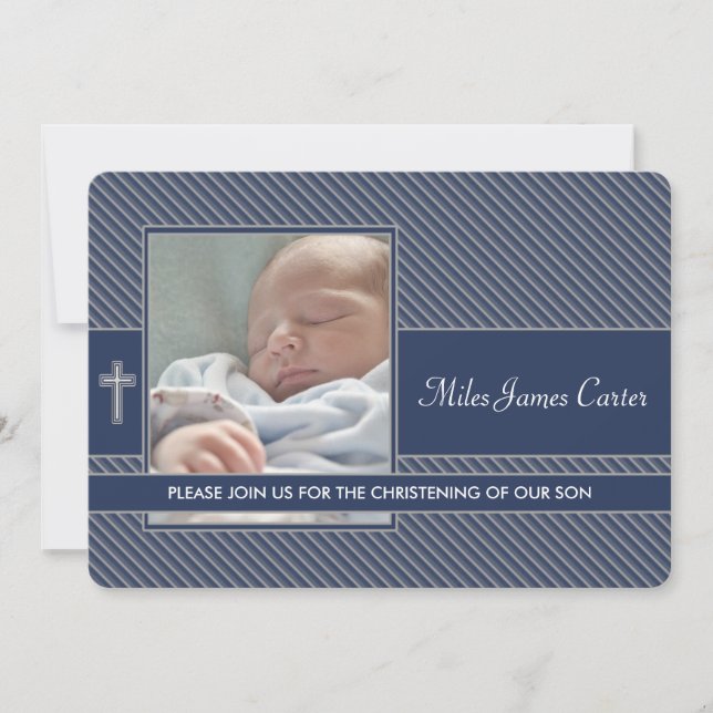 Invitation Boys Navy Blue Photo Baptême Christening (Devant)