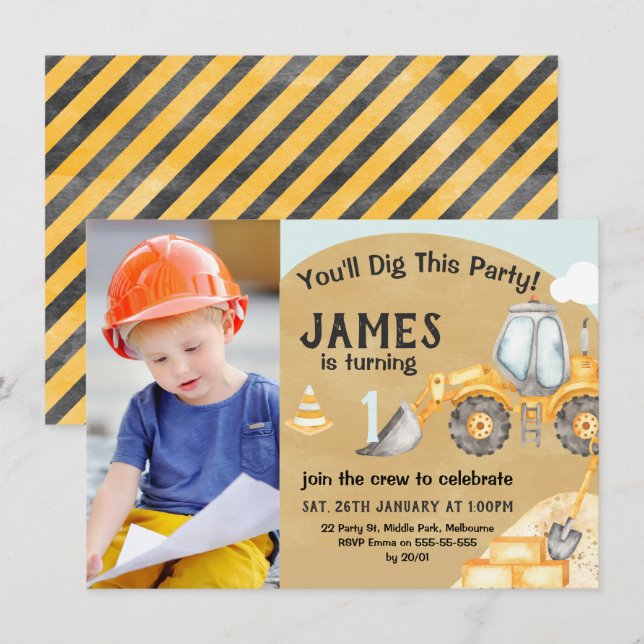 Invitation Boys Photo Construction Excavateur 1er anniversair (Devant / Derrière)