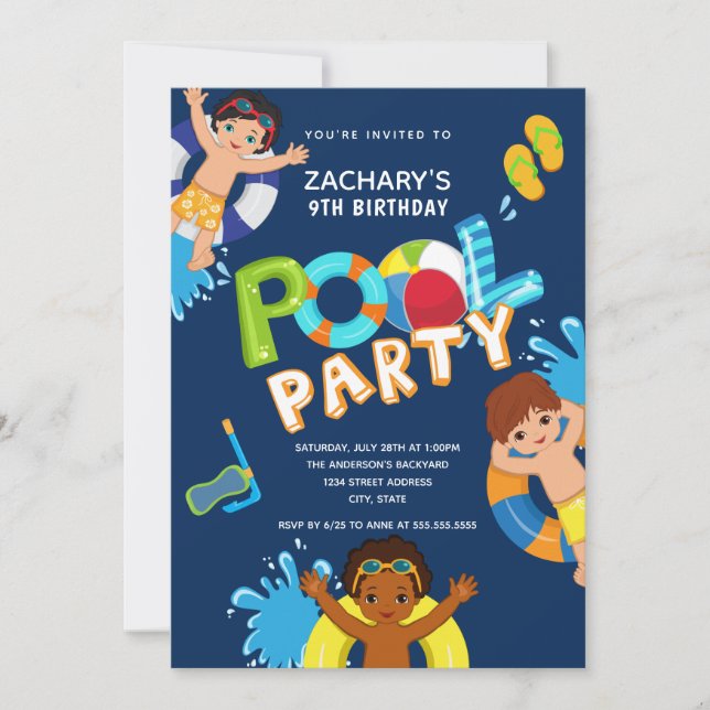 Invitation Boys Pool Party 9e anniversaire (Devant)