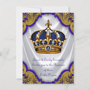 Invitation Boys Prince Baptism Royal Blue Gold Swirl Satin