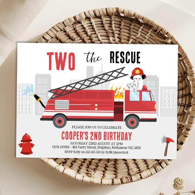 Invitation Boys Red Deux Le Pompier Secouru Anniversaire (Two The Rescue 2nd Birthday Invitation Template, Editable Firefighter 2nd Birthday Invitation)