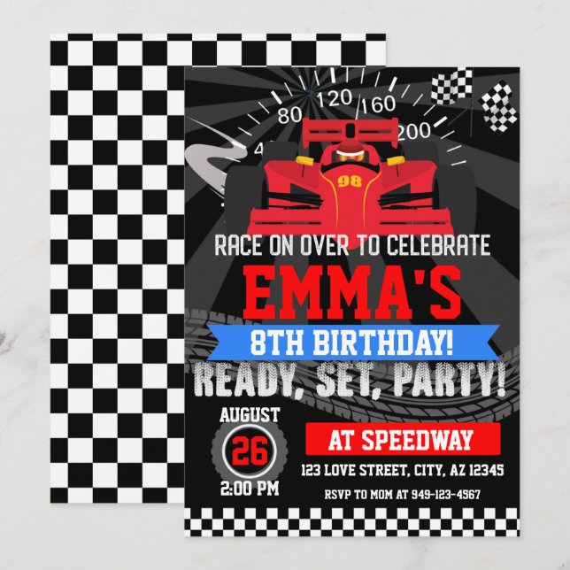 Invitation Boys Red Race course automobile course d'anniversa (Devant / Derrière)