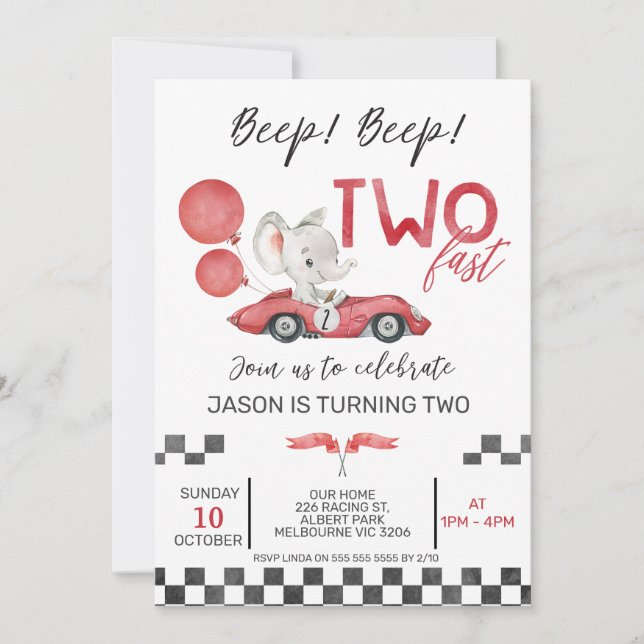 Invitation Boys Red Racing Car Elephant Two Fast 2nd Birthday (Devant)