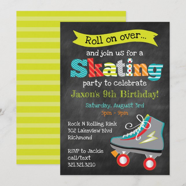 Invitation Boys Roller Sking Anniversaire - Chalkboard (Devant / Derrière)