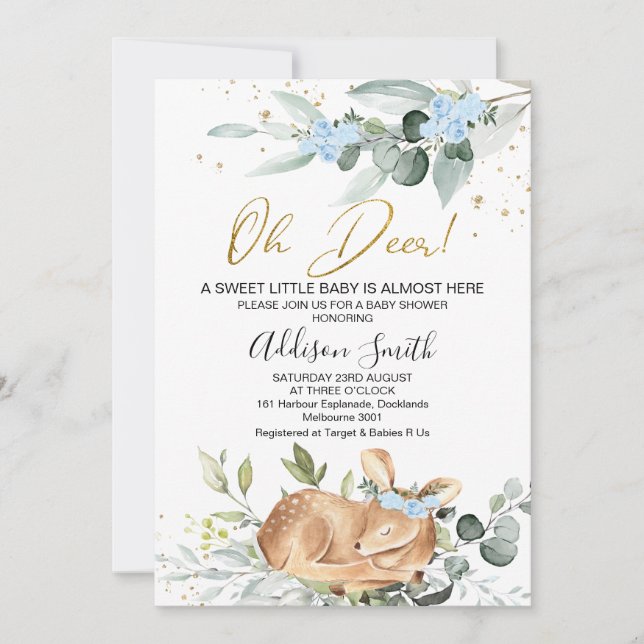 Invitation Boys Rustic Green Foliage Oh Deer Baby shower (Devant)