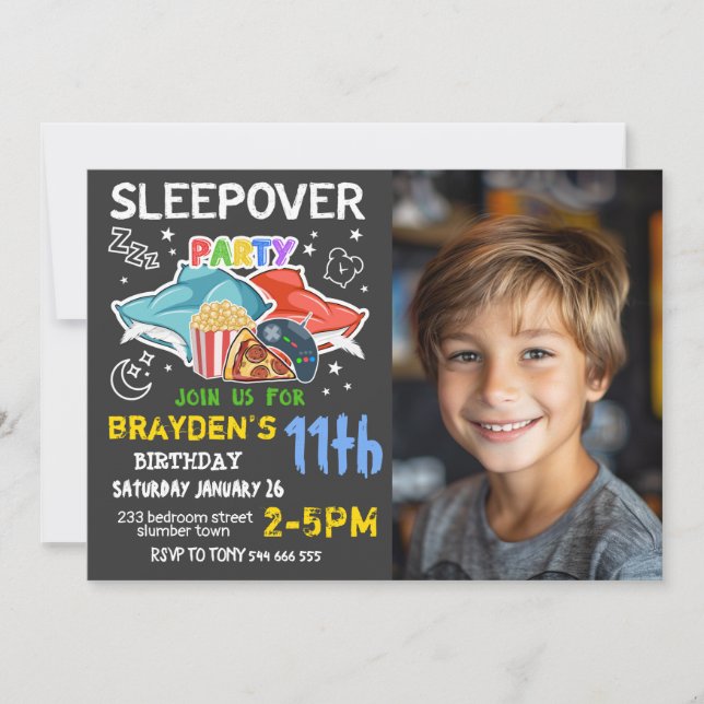 Invitation Boys Sleepover Photo Gaming Pizza Anniversaire (Devant)