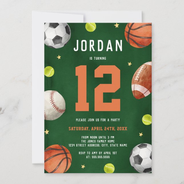 Invitation Boys Sports Thème Orange Green Anniversaire (Devant)
