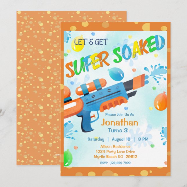 Invitation Boys Summer Watergun Pool fête d'anniversaire (Devant / Derrière)