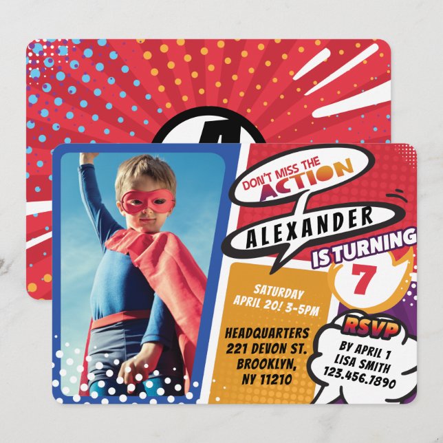 Invitation Boy's Superhero Comic Photo Anniversaire Invitatio (Devant / Derrière)