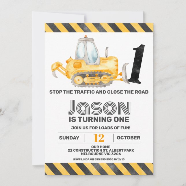Invitation Boys Traffic Construction Véhicules 1er anniversai (Devant)