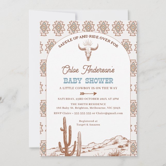 Invitation Boys Tribal Boho Arch Rodeo Baby shower occidental (Devant)