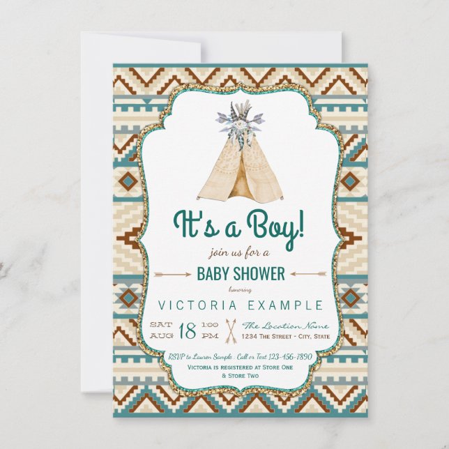Invitation Boys Tribal Teepee Baby shower Aztec (Devant)