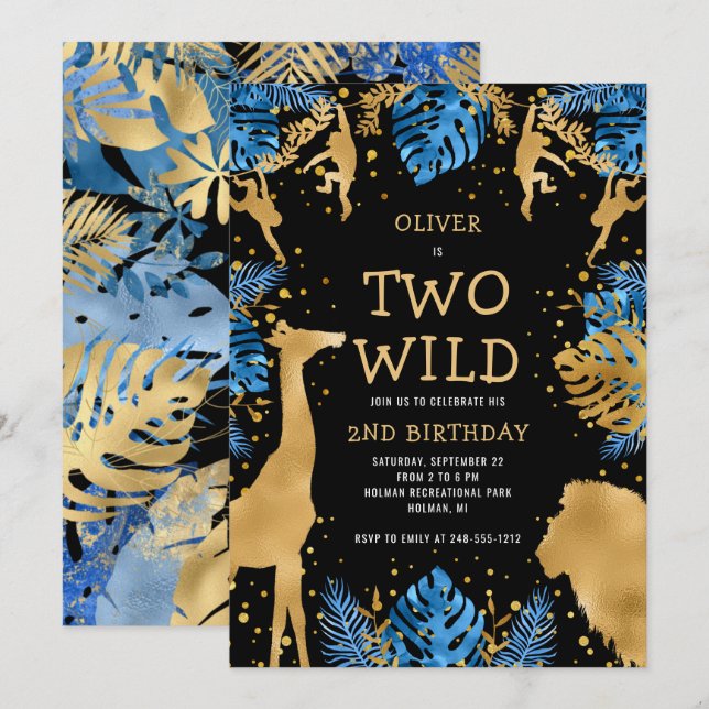 Invitation Boys Two Wild 2nd Birthday Blue Black Safari (Devant / Derrière)
