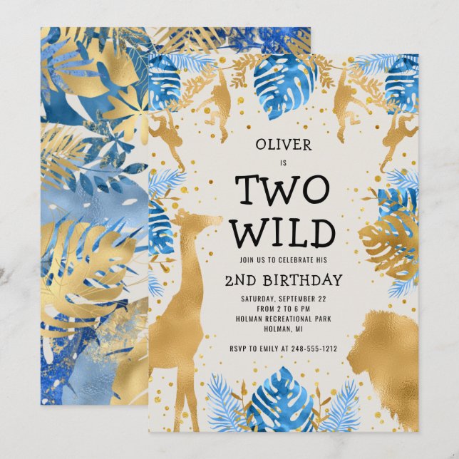 Invitation Boys Two Wild 2nd Birthday Blue Ecru Safari (Devant / Derrière)