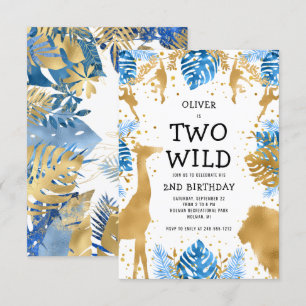 Invitation Boys Two Wild 2nd Birthday Blue Gold Safari